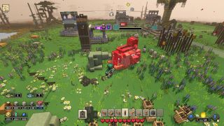 Minecraft Legends - a player and their plank golems attack a laval launcher elephant to defend a village