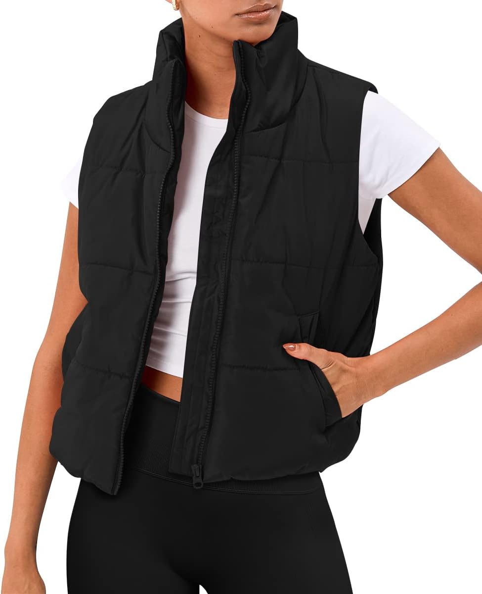 Automet Puffer Vest Women Sleeveless Winter Clothing Cropped Outerwear Warm Puffy Fall Outfits Spring Fashion Vest Tops 2025 Black M