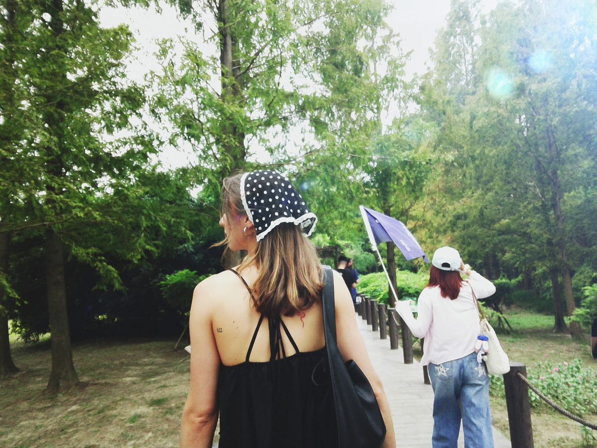 Fujifilm Instax Pal 2 sample gallery: lady walking along a wooden walkway in a forest