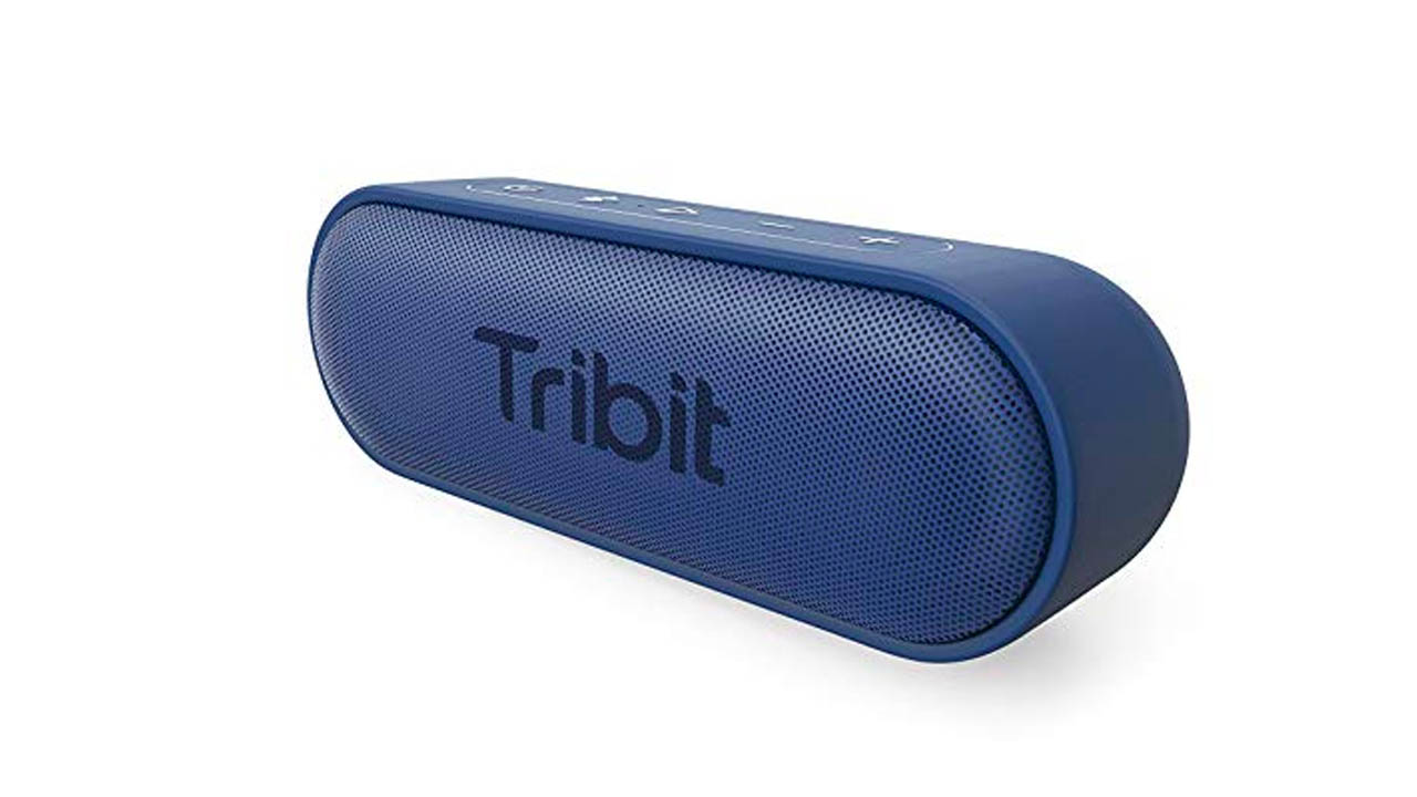 the Tribit xsound go bluetooth speaker in bright blue against a white background