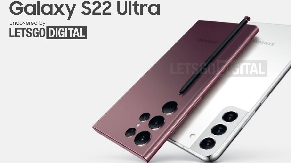 A cropped leaked poster showing the Samsung Galaxy S22 (right, in white), overlain by the Samsung Galaxy S22 Ultra (in red-bronze) and its S Pen stylus