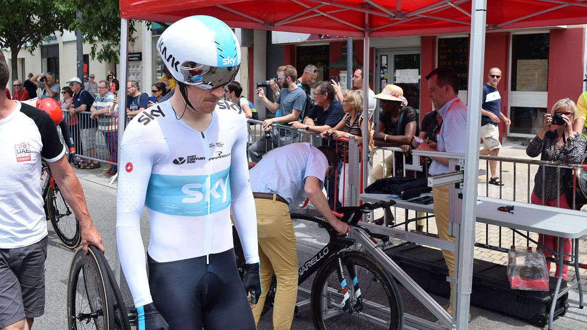 Geraint Thomas heads to the start area in his Castelli speedsuit
