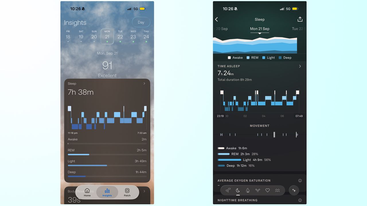 On the left, a screenshot of the sleep tracking in the Orion app. On the right, a screenshot of the sleep tracking in the Oura Ring app