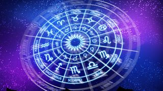Sagittarius season 2022: Zodiac circle on the background of the dark space. Astrology. The science of stars and planets. Esoteric knowledge. Ruler planets. Twelve signs of the zodiac