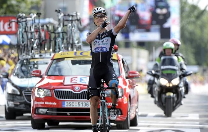 Tony Martin (Omega Pharma-Quickstep) celebrates his first road Tour de France stage win