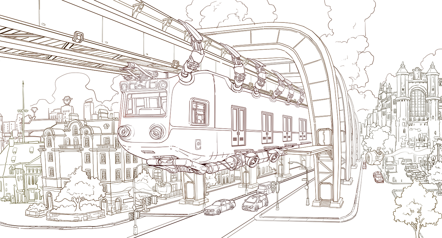 Concept art showing a retrofuturistic urban scene with a hanging monotrail