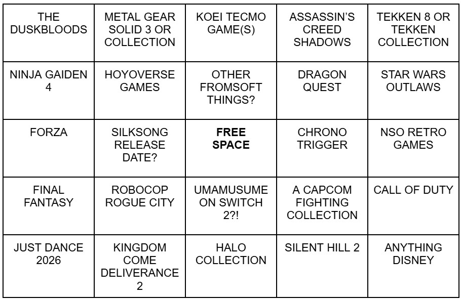 Nintendo Direct Partner Showcase bingo card