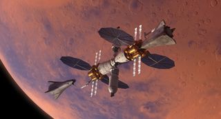 The surface landing vehicle for Lockheed Martin's Mars Base Camp is shown to the left of the space station in this artist's illustration.