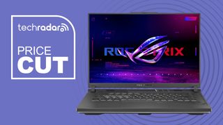 The Asus ROG Strix G16 gaming laptop on a purple background with the text 'PRICE CUT'.