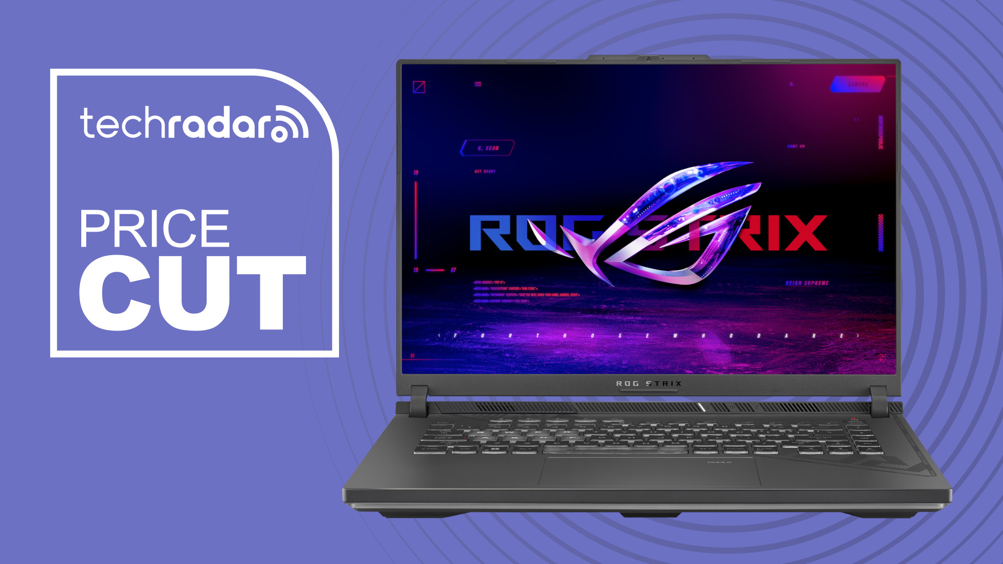 The Asus ROG Strix G16 gaming laptop on a purple background with the text 'PRICE CUT'.