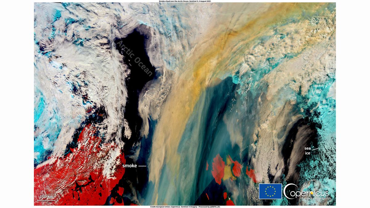 A massive plume of smoke generated by the record-breaking wildfires in Siberia can be seen stretching across the Arctic Ocean towards the North Pole in an image captured by the European Sentinel 3 satellite on August 4 2021.