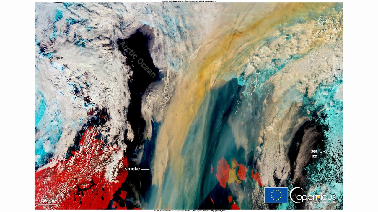 A massive plume of smoke generated by the record-breaking wildfires in Siberia can be seen stretching across the Arctic Ocean towards the North Pole in an image captured by the European Sentinel 3 satellite on August 4 2021.