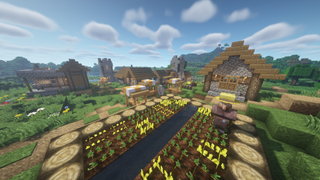 Minecraft texture packs — A screenshot of a Minecraft village using the Clarity texture pack, showing a farmer Villager tending their crops.