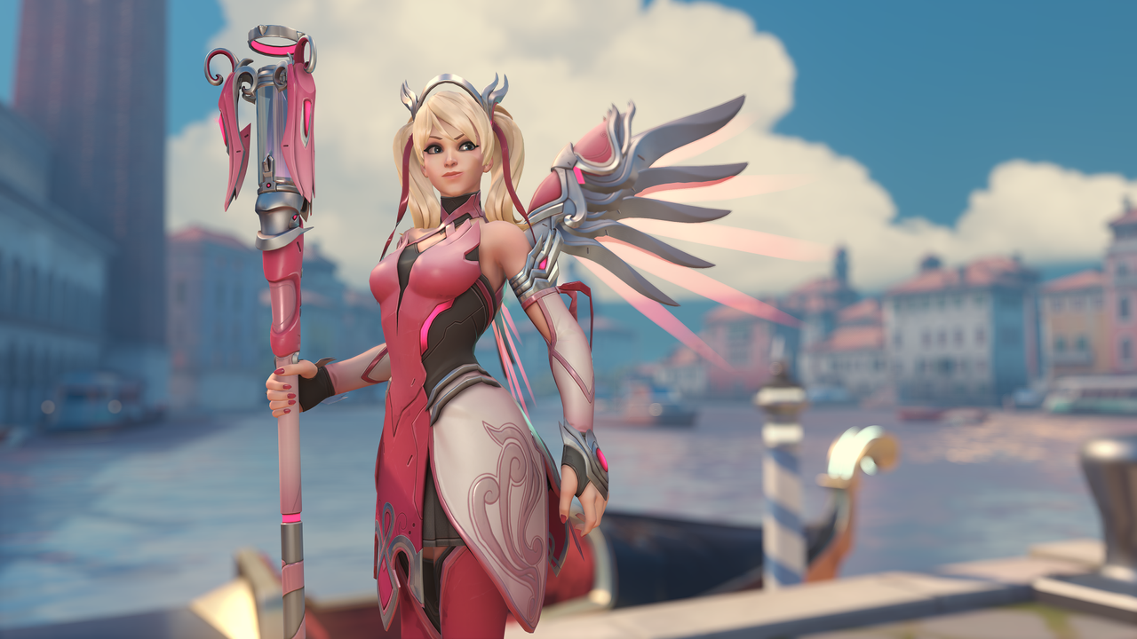 Overwatch 2 Pink Mercy skin with bright background