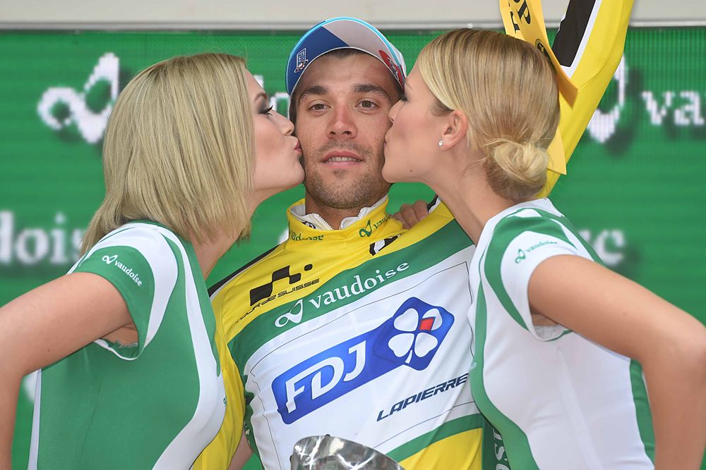 Thibaut Pinot (FDJ) wears the leader's jersey into stage 9 at the Tour de Suisse