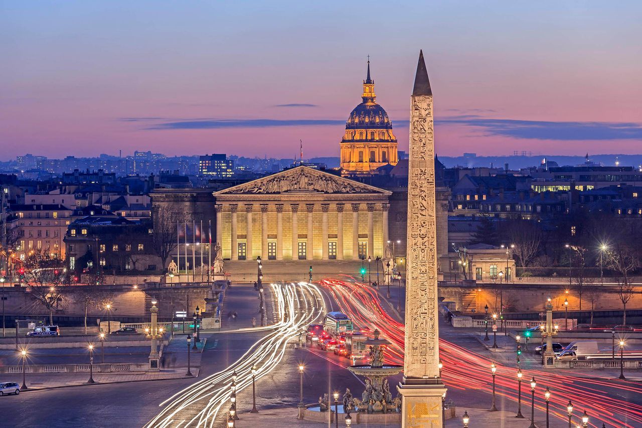 Paris&#039;s Place de la Concorde Obelisk with the Palais Bourbon in the background.