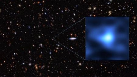 JADES-GS-z14-0 appearing as a miniscule dot in the Fornax constellation.