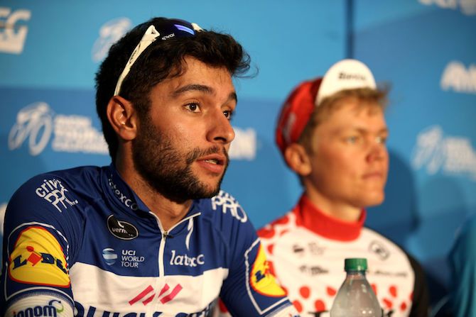 Stage 7 winner Fernando Gaviria (Quick Step) and mountains jersey winner Toms Skujins (Trek Segafredo) at the 2018 Tour of California post-race press conference