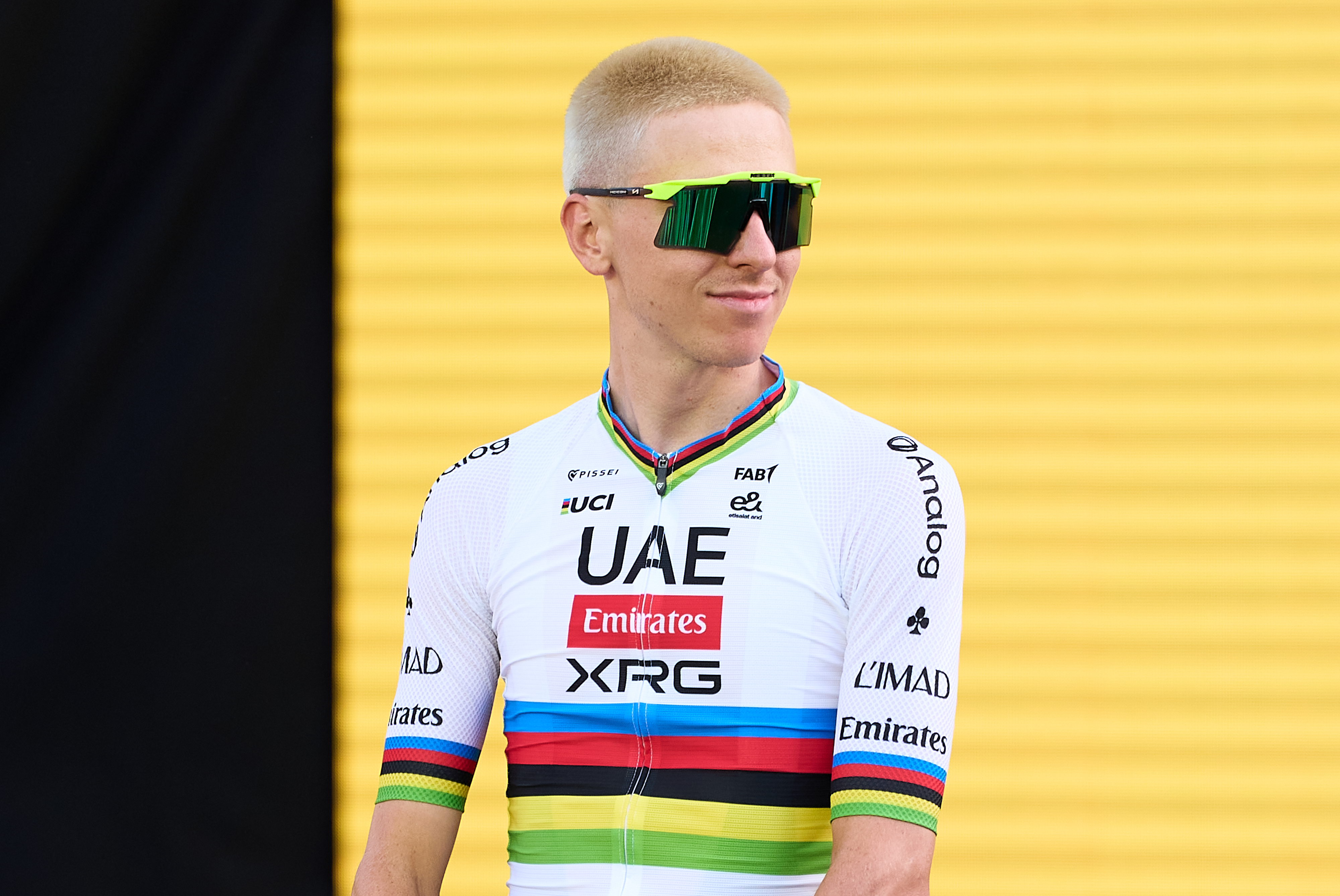 BARCELONA, SPAIN - JULY 02: Tadej Pogacar of Slovenia and UAE Team Emirates - XRG  during the team presentation prior to the 113th Tour de France 2026 / #UCIWT / on July 02, 2026 in Barcelona, Spain. (Photo by Pedro Salado/Getty Images)