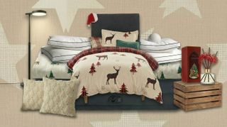 A collage of festive guest room bedding. 