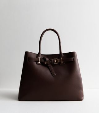 Dark Brown Leather-Look Buckle Tote Bag