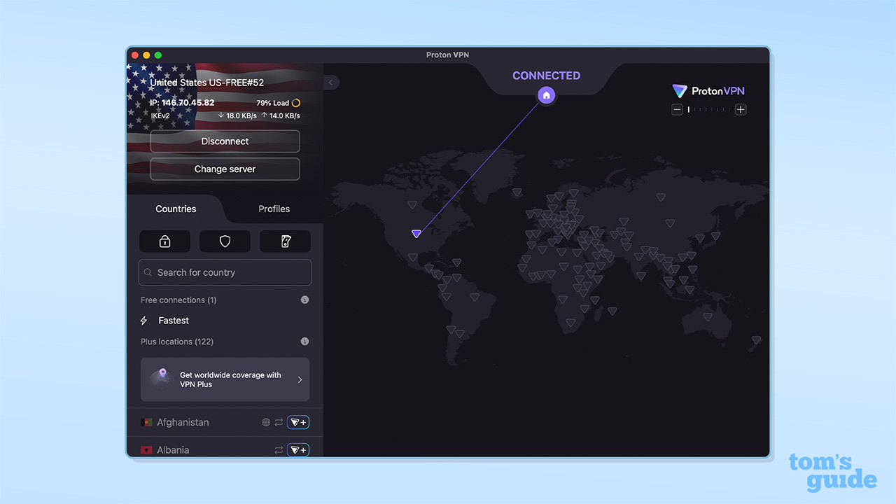 Screenshot of Proton VPN Free home screen on Mac