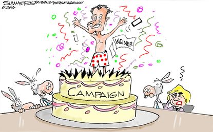 Political cartoon U.S. 2016 election Hillary Clinton Anthony Weiner campaign surprise