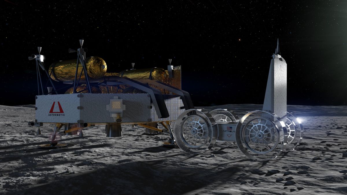 illustration of a silver four-wheeled rover and a gold-and-silver lander on the surface of the moon