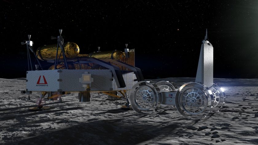 Artist&#039;s illustration of Astrobotic&#039;s Griffin lunar lander and Astrolab&#039;s FLIP rover on the moon.