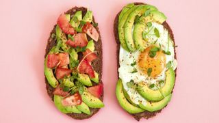 Two slices of bread with avocado and eggs