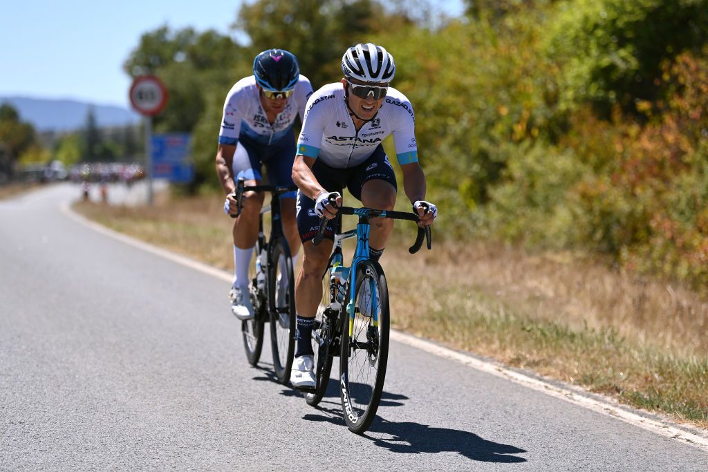 LAGUARDIA SPAIN AUGUST 23 Alexey Lutsenko of Kazahkstan and Team Astana Qazaqstan attacks during the 77th Tour of Spain 2022 Stage 4 a 1524km stage from VitoriaGasteiz to Laguardia 627m LaVuelta22 WorldTour on August 23 2022 in Laguardia Spain Photo by Justin SetterfieldGetty Images