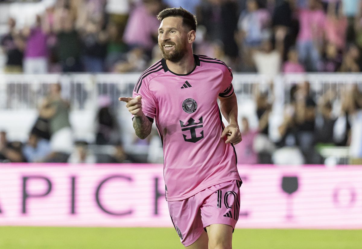 Lionel Messi celebrates after scoring for Inter Miami against Barcelona New England Revolution in October 2024.