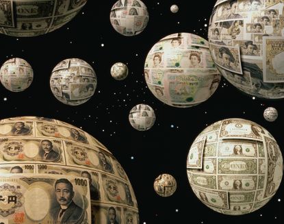 Space investments and different planets with currencies suspended in air