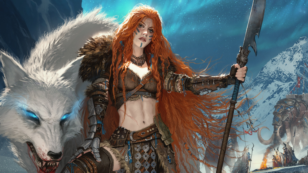 A frosty barbarian from Grim Dawn: Fangs of Asterkern leans with a halberd, a vicious snow wolf companion looming behind her.