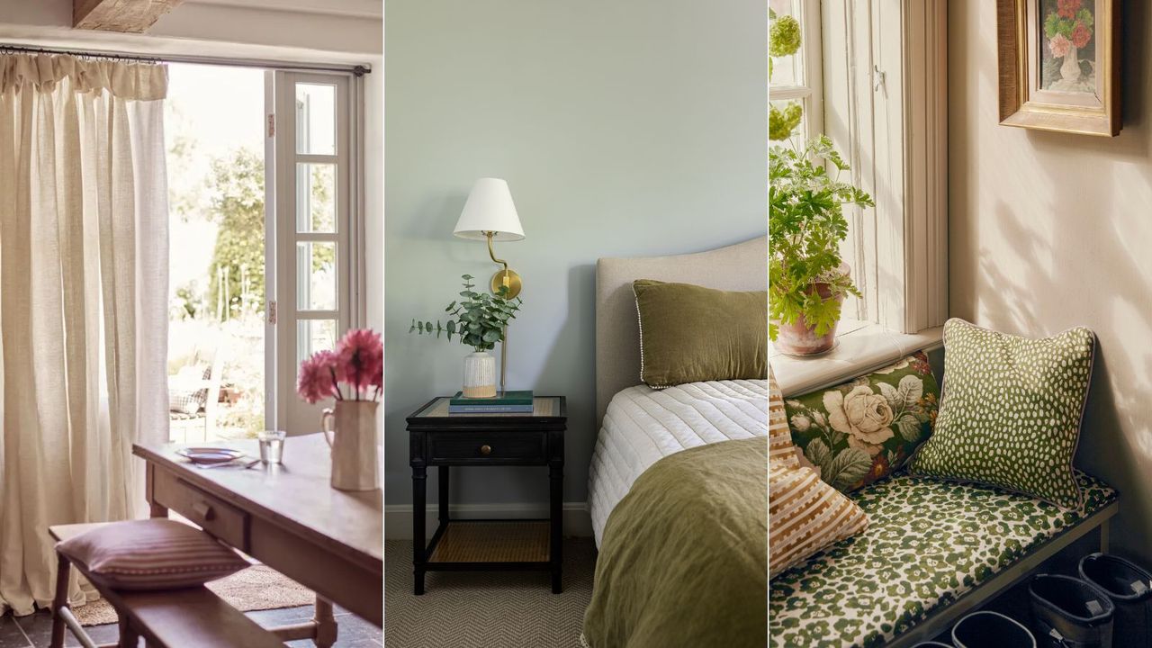 dining area with sheer curtains, calming bedroom with green decor, window seat with patterned cushions