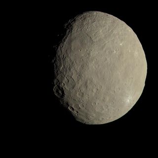 This image of Ceres as seen by NASA's Dawn spacecraft shows how the dwarf planet would appear to human eyes. This image, released Nov. 18, 2016, was created using images from Dawn captured in 2015 that were then color adjusted by scientists at the German Aerospace Center in Berlin.