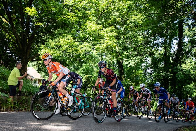 The women's peloton nears the top of the climb during the US Pro Road Race National Championships on June 24, 2018 in Knoxville, Tennessee