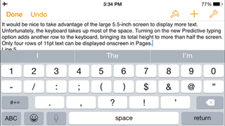 iOS 7 style keyboard in the Pages app (before iOS 8 update) on the iPhone 6 Plus