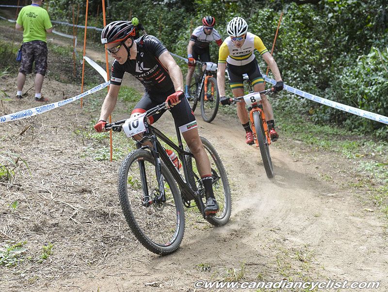 Fabian Giger (Kross Racing Team), Daniel McConnell (Trek Factory Racing XC), and Mathias Fluckiger (Stockli Pro Team) chase