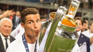 Cristiano Ronaldo of Real Madrid kissing the UEFA Champions League trophy