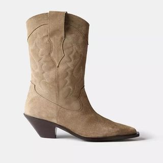 Mint Velvet Suede Cowboy Boots, Beige