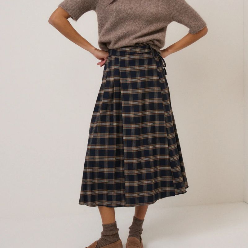 Nobody's Child , Navy Check Tailored Kilt Midi Skirt