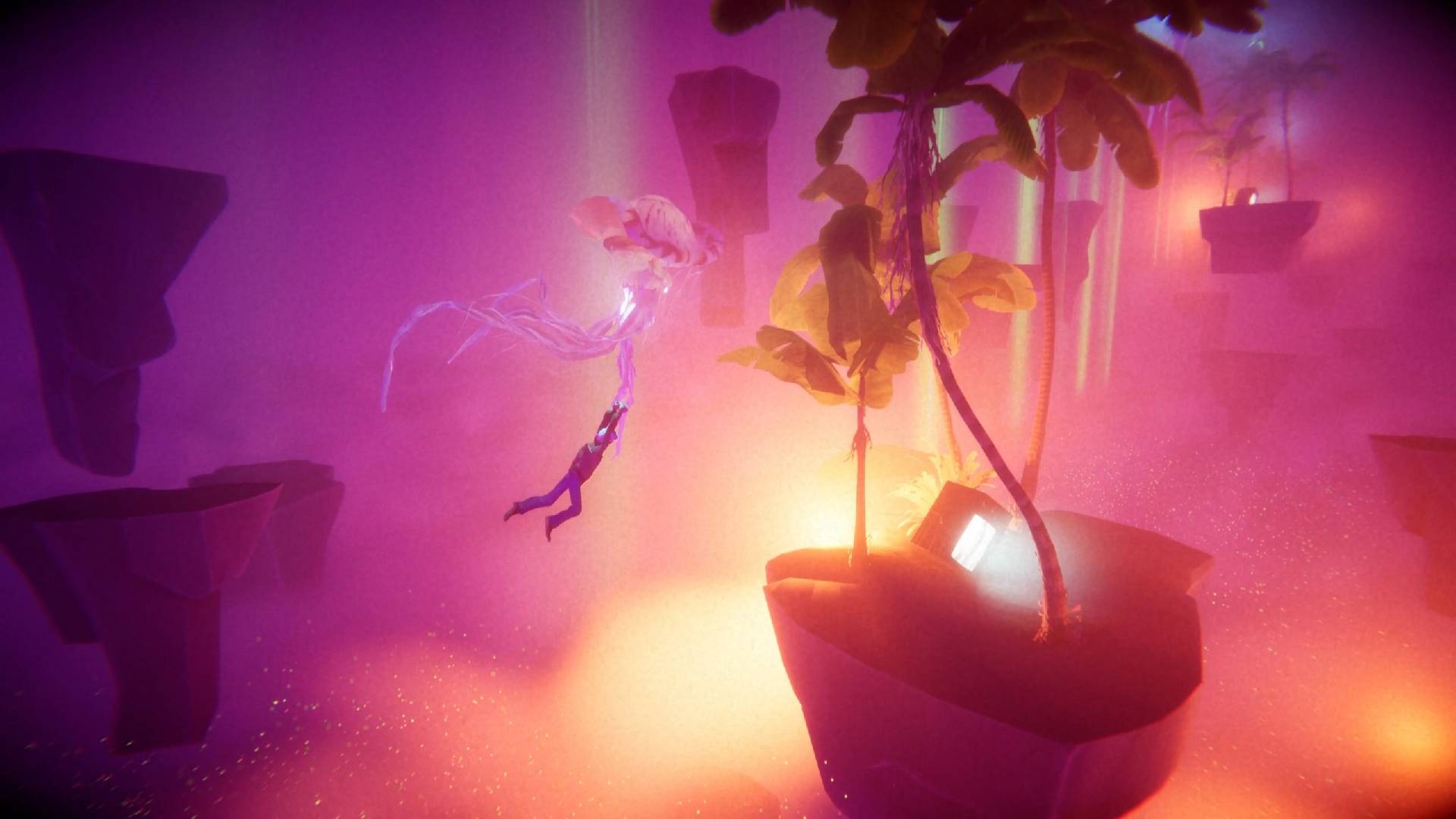 Gameplay screenshot from The Journey Home, showing an old man hanging from a floating jellyfish heading towards a small floating island with palm trees on it