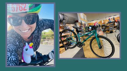 Collage of Tamara MC, who goes cycling every day, riding her bike and smiling next to shot of Cannondale bike on the rack in the bike shop