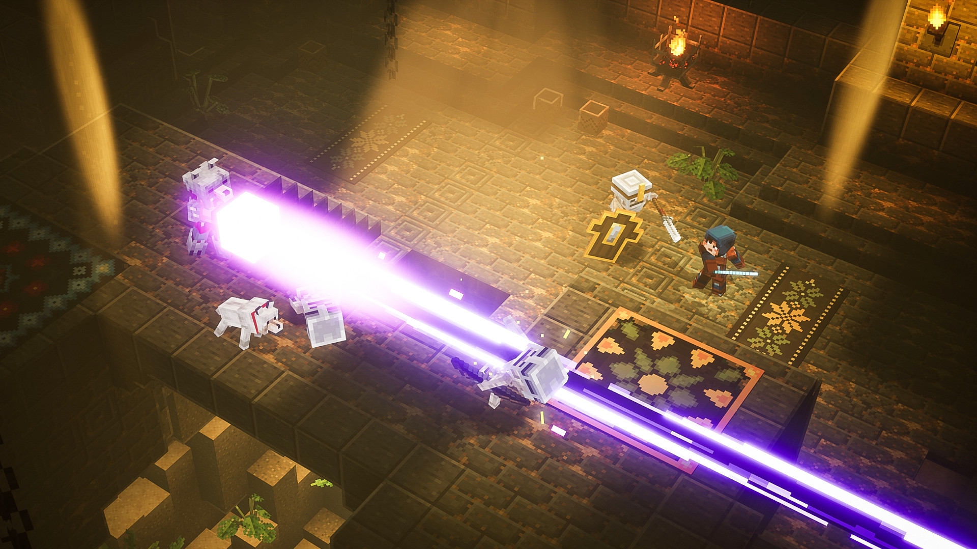 Minecraft Dungeons 2 screenshot showing an electric beam damaging a skeleton enemy as the player character fights an undead foe with a shield and spear
