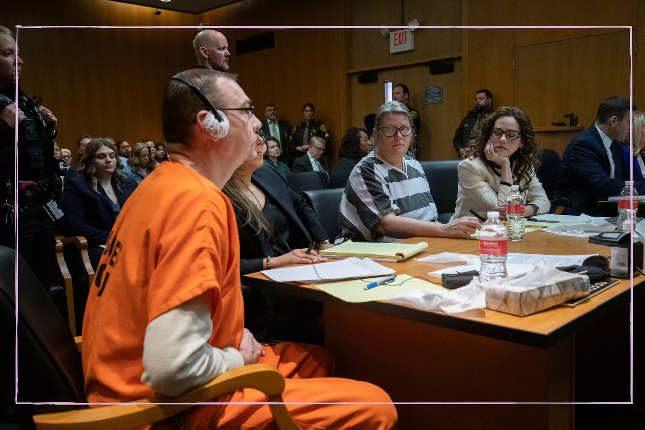 Jennifer and James Crumbley in a court room while being sentenced