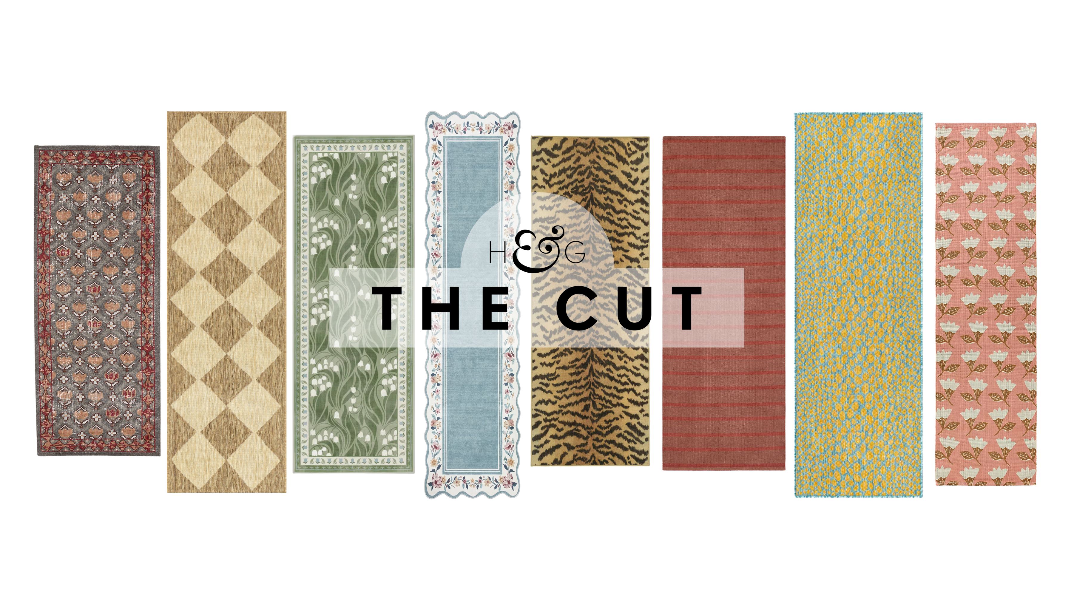 Kitchen runner rugs spanning styles ranging from vintage-inspired and boho florals to statement tiger prints, pictured against a white background