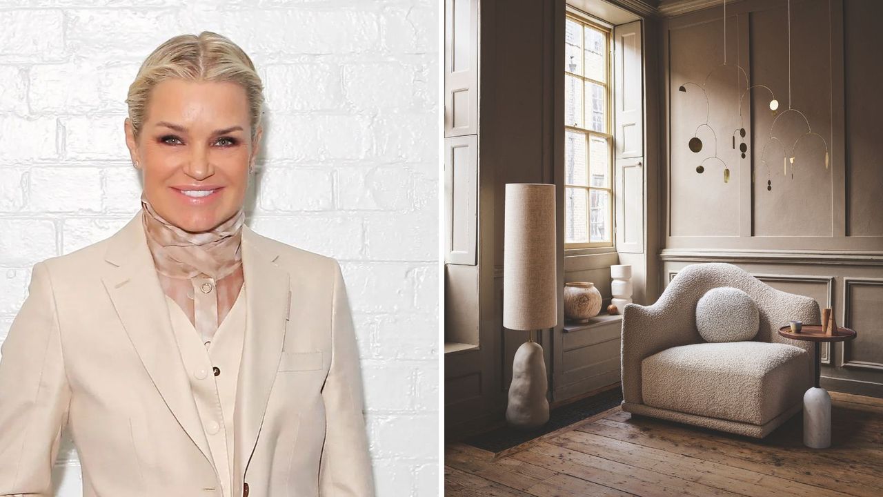 Image of Yolanda Hadid cropped next to image of taupe living room