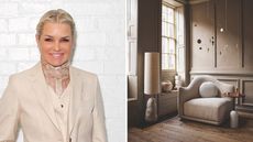 Image of Yolanda Hadid cropped next to image of taupe living room