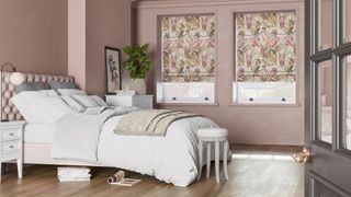 pink bedroom with soft tropical patterned smrt blinds controlled at the touch of a button